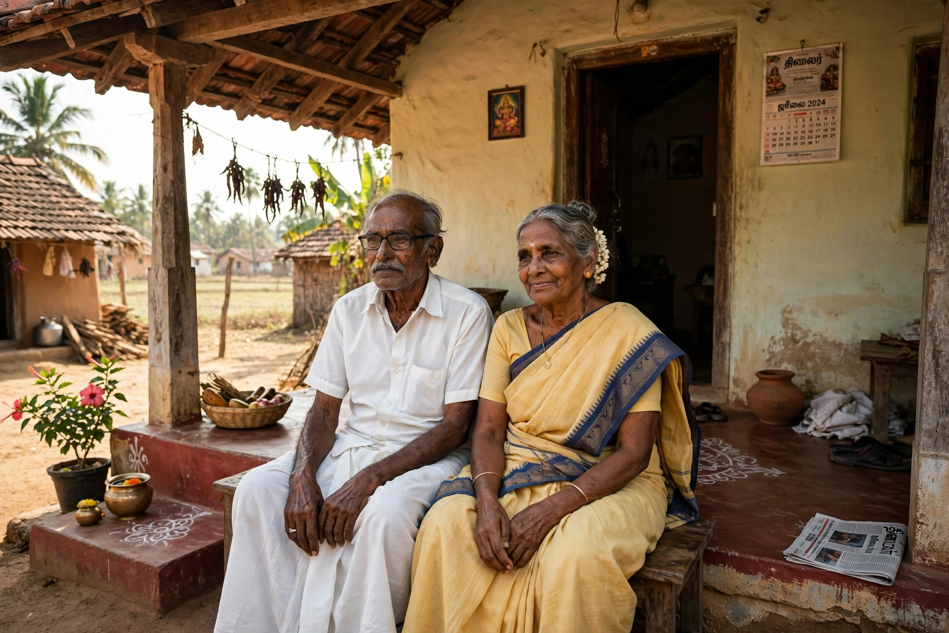 கிராம வீட்டுத் திண்ணையில் அமர்ந்த முதிய தம்பதி