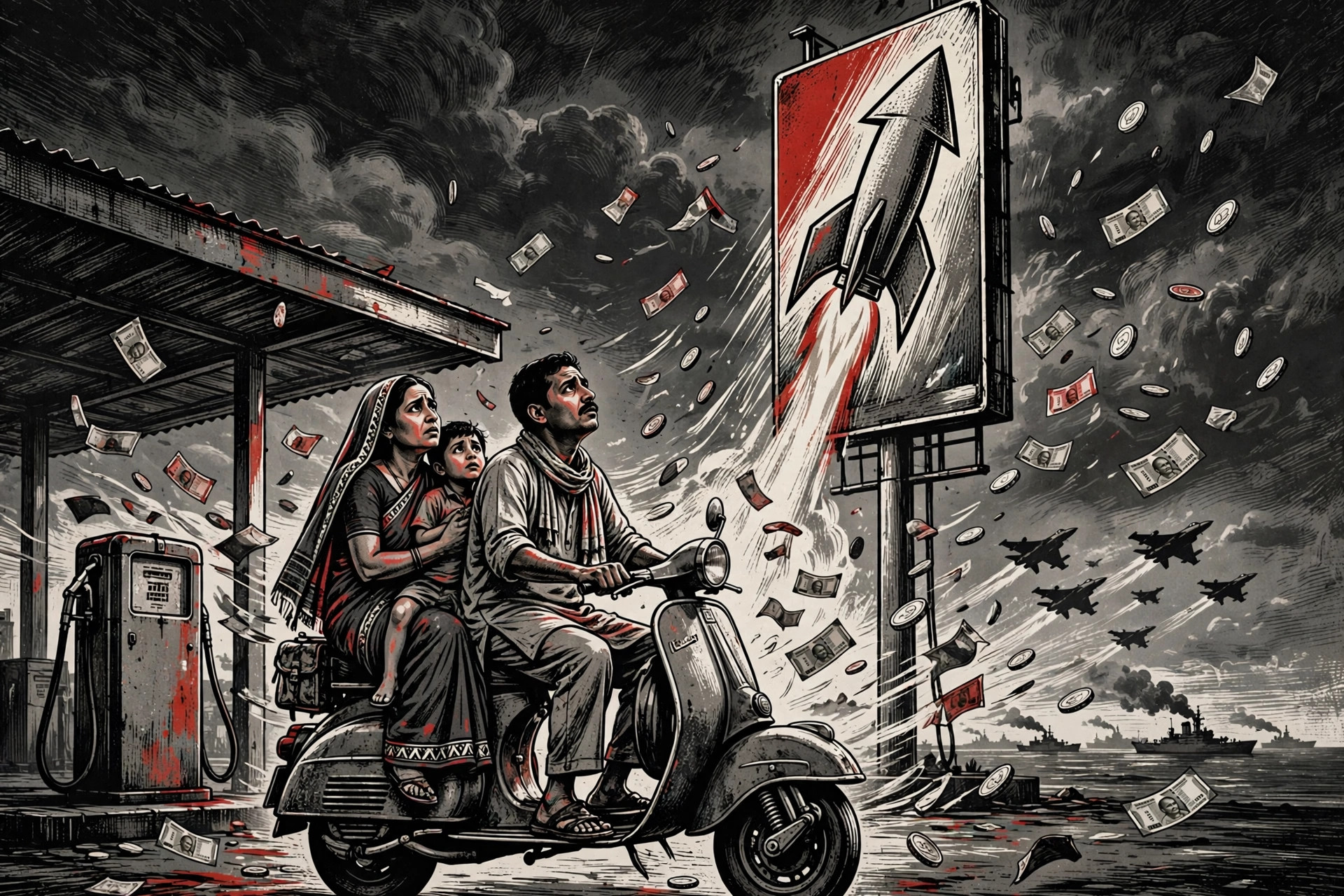 உயரும் எரிபொருள் விலைப் பலகையைப் பார்க்கும் சாமானியக் குடும்பம் — விளக்கப்படம்